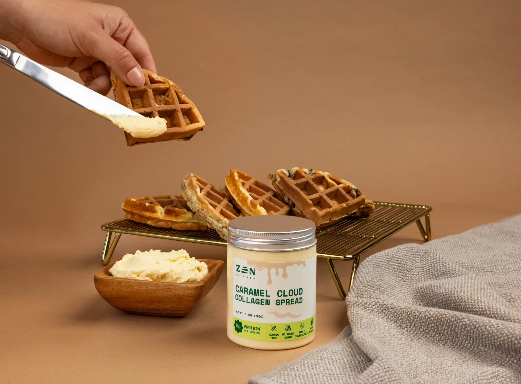 Protein waffles paired with Caramel Cloud collagen spread