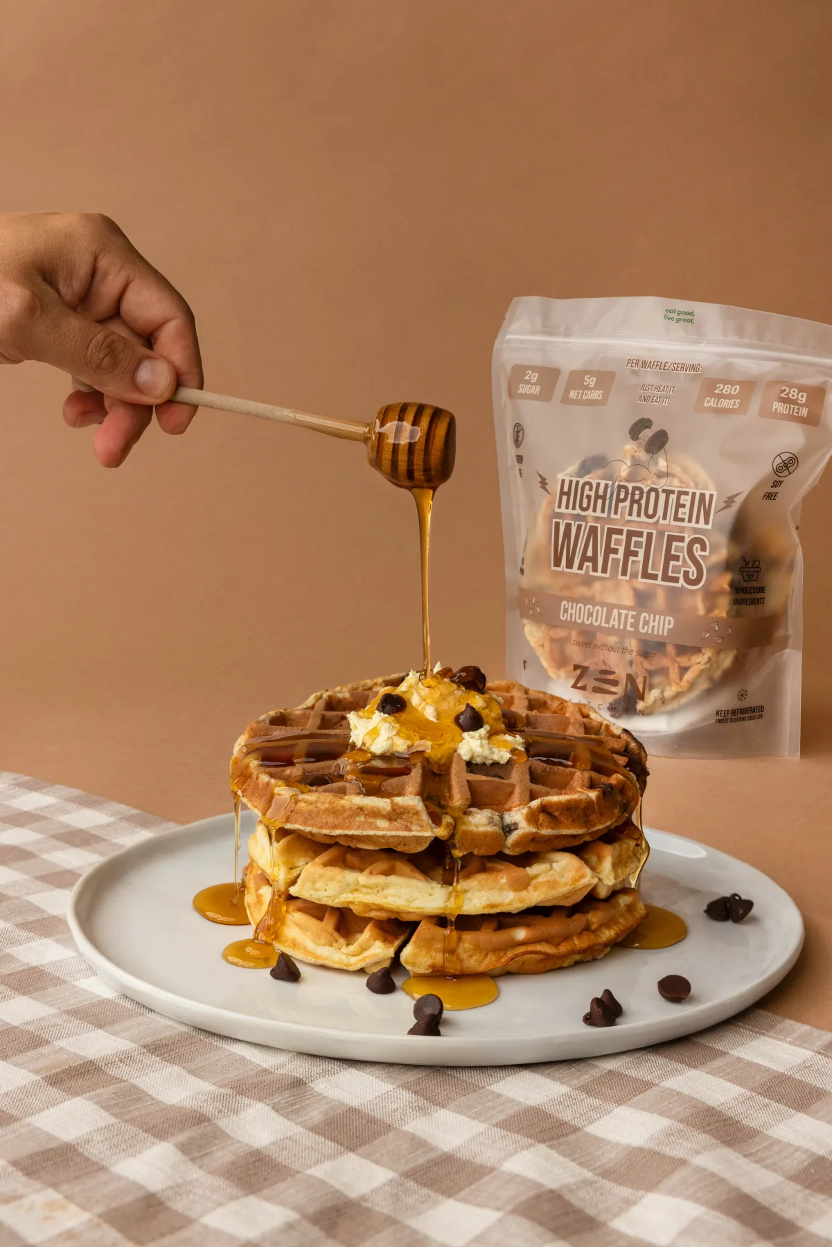 Chocolate Chip waffles with a warm honey drizzle